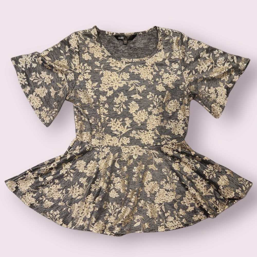 LuLaRoe Emma Elegant Silver and Gold Floral Patterned Peplum Top